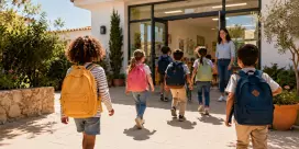 Schooljaar 2026 2027 start kinderen lopen de school in juf verwelkomt